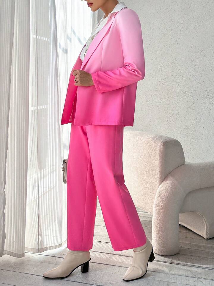 CM-SS929197 Women Elegant Seoul Style Gradient Pointed Lapel Collar Blazer With Pants Suit - Pink