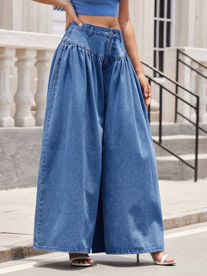 CM-BS115955 Women Casual Seoul Style Medium Wash High Waist Pleated Loose Wide Leg Jeans