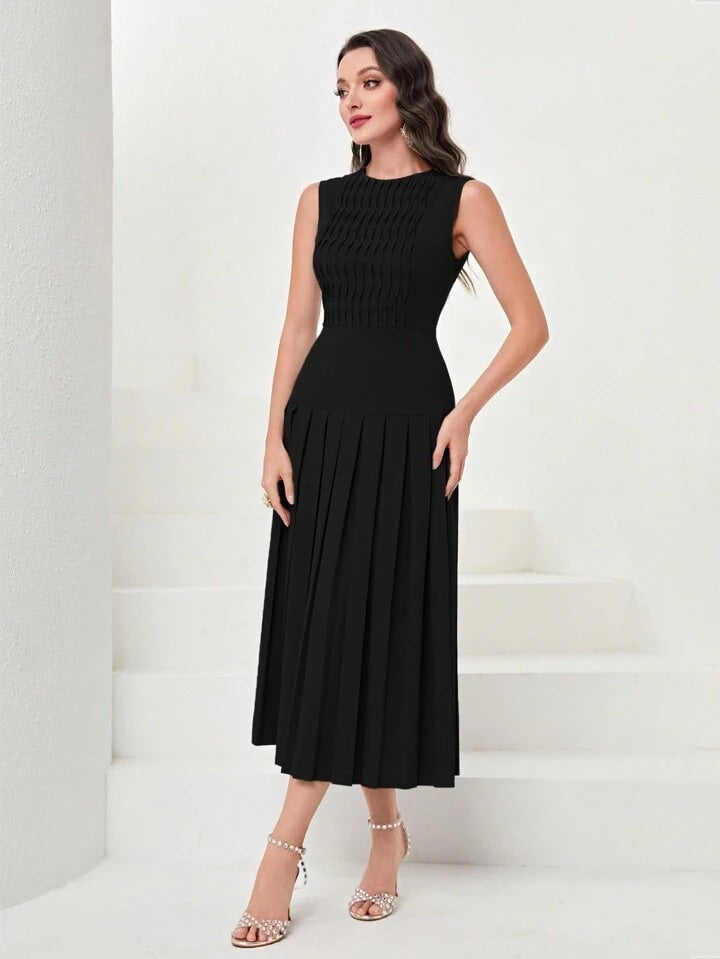 CM-DS703515 Women Elegant Seoul Style Sleeveless Solid Pleated Hem Dress - Black