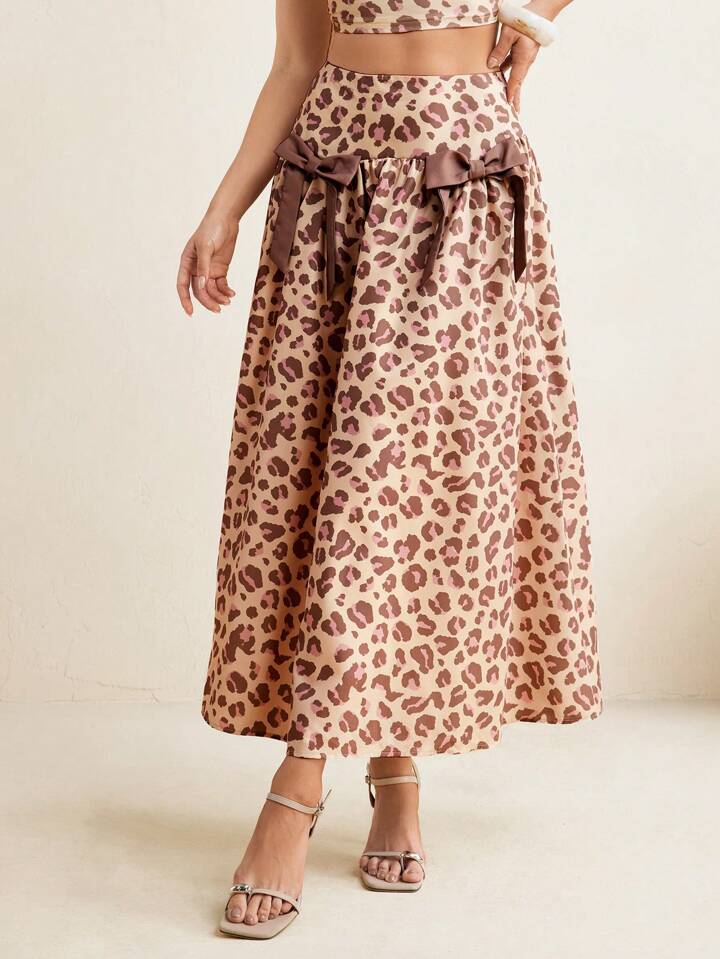 CM-BS390910 Women Elegant Seoul Style High Waist Leopard Print Bow Details Midi Skirt