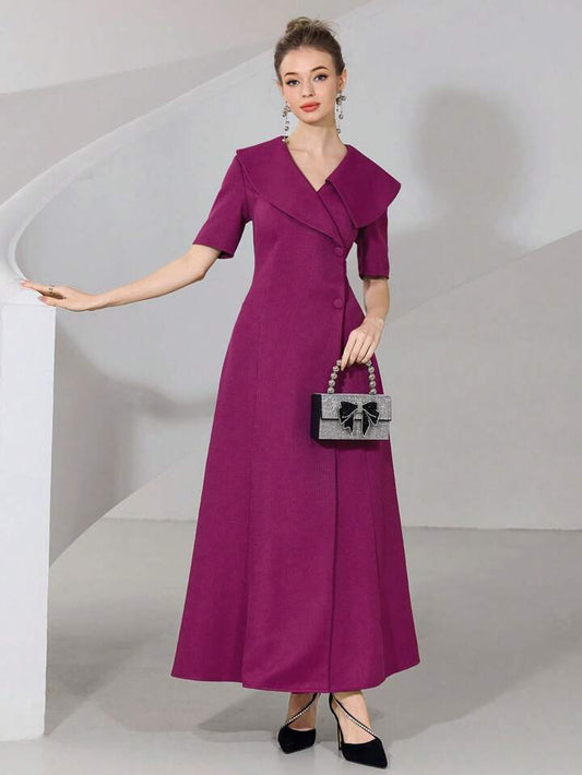 CM-DS772423 Women Elegant Seoul Style Solid Color V-Neck Short Sleeve Front Button Long Dress