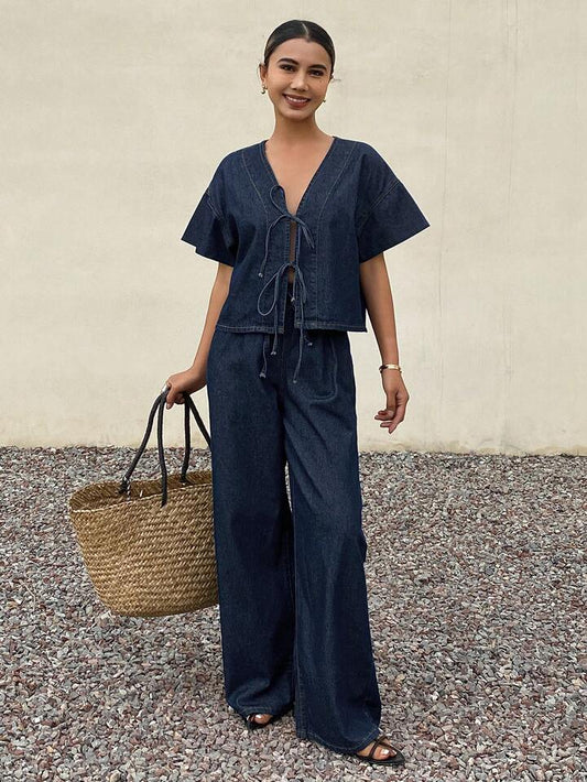CM-SS440810 Women Casual Seoul Style Short Sleeve Tie Front Top With Loose Fit Denim Pants - Set