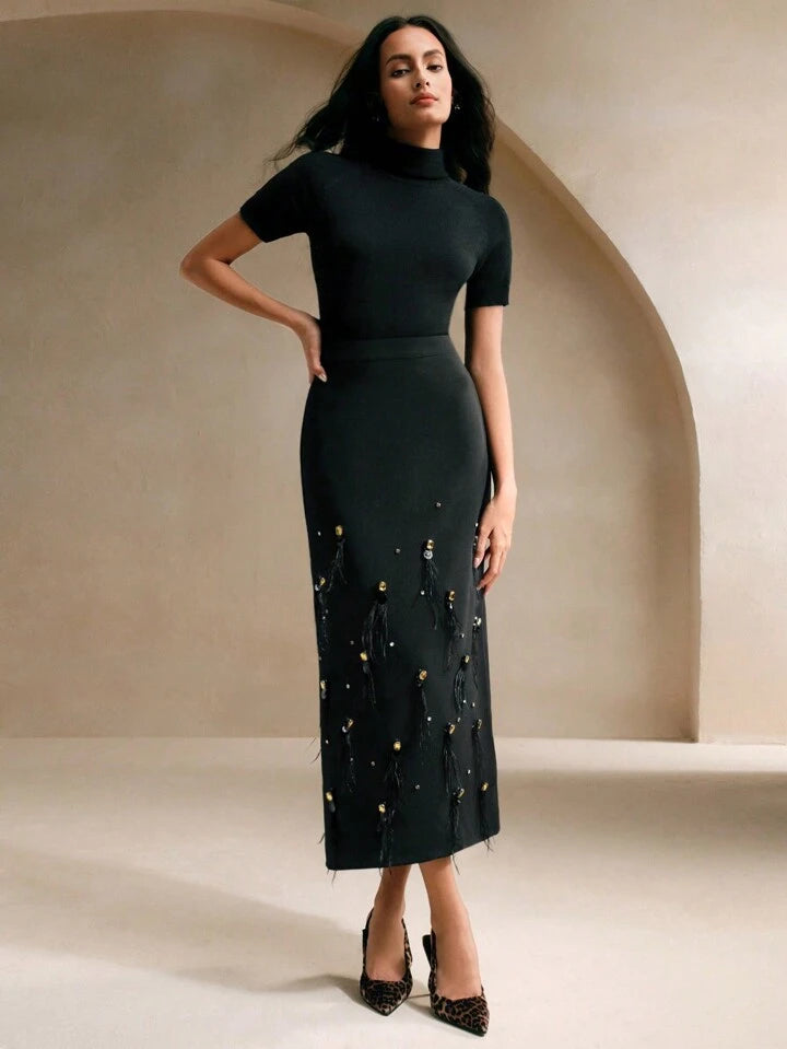 CM-BS606440 Women Elegant Seoul Style Beaded And Rhinestone Decor Feather A-Line Skirt - Black
