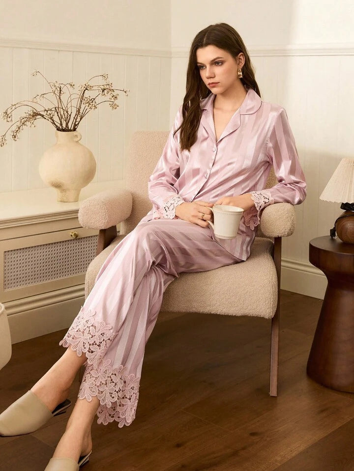 CM-LS335721 Women Trendy Seoul Style Lace Collar Striped Satin Lapel Long Sleeve Pajama Set - Pink
