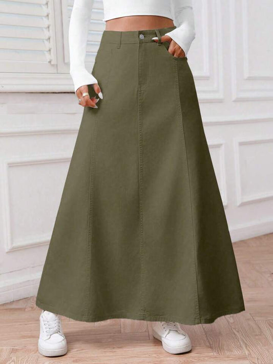 CM-BS551781 Women Casual Seoul Style Solid Color Front Button Pocket Denim Midi Skirt - Army Green