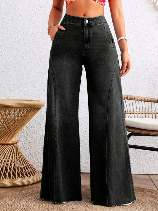 CM-BS529624 Women Casual Seoul Style Loose Button Zipper Mom Fit Wide Leg Denim Pants - Black