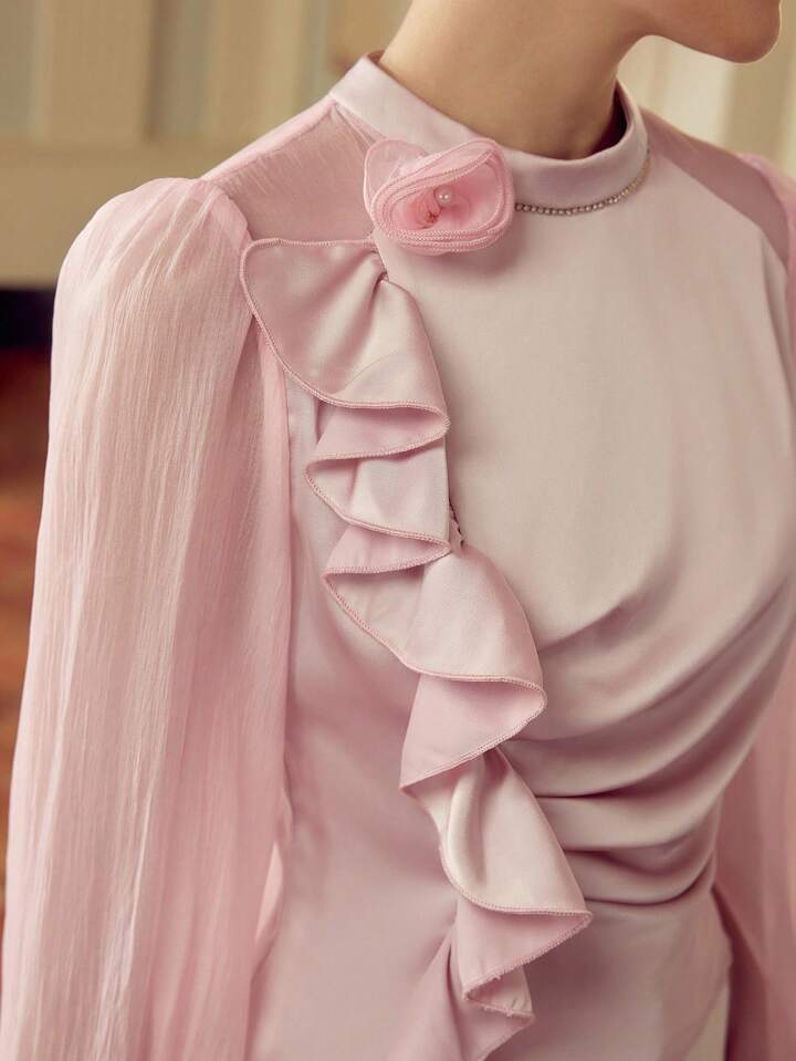 CM-TS936916 Women Elegant Seoul Style Solid Color Stand Collar 3D Floral Ruffle Trim Long Sleeve Blouse - Pink