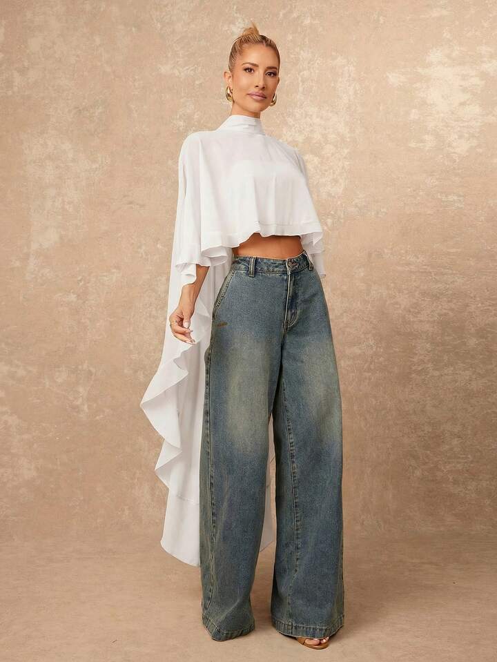 CM-TS820927 Women Casual Seoul Style Asymmetric Ruffle Hem Loose Collar Shawl Blouse - White