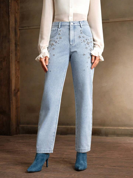 CM-BS637360 Women Casual Seoujl Style Light Wash Rhinestone Pockets Straight Leg Jeans