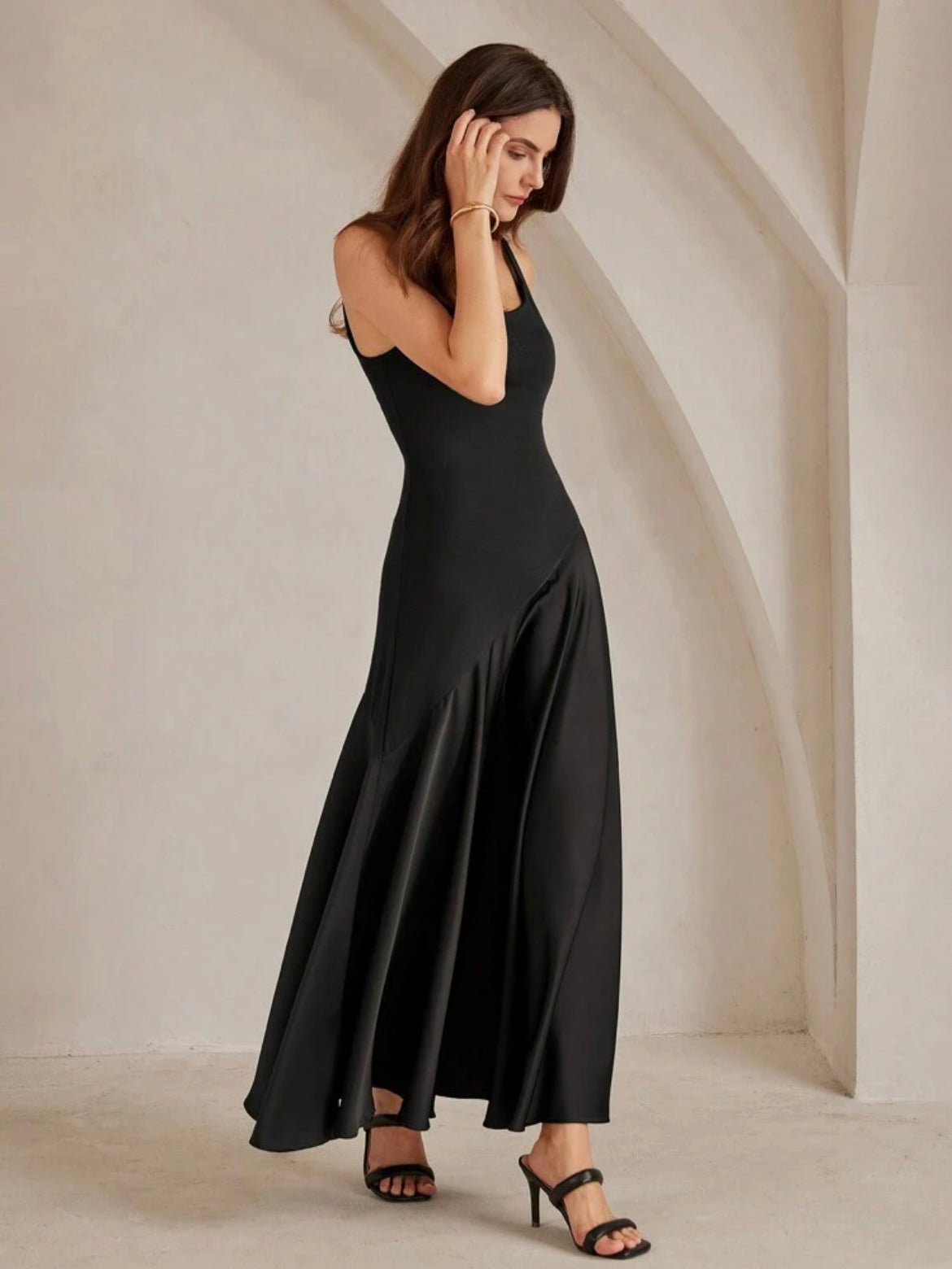 CM-DS475985 Women Elegant Seoul Style Solid Color Minimalist Spaghetti Strap Maxi A-Line Dress - Black