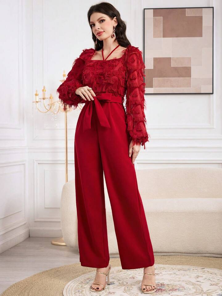 CM-JS726866 Women Elegant Seoul Style Square Neck Lantern Sleeve Waist Belt Jumpsuit - Red