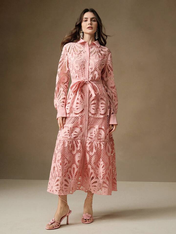 CM-DS992937 Women Elegant Seoul Style Solid Color Lace Embroidered Button-Up Empire Waist Dress