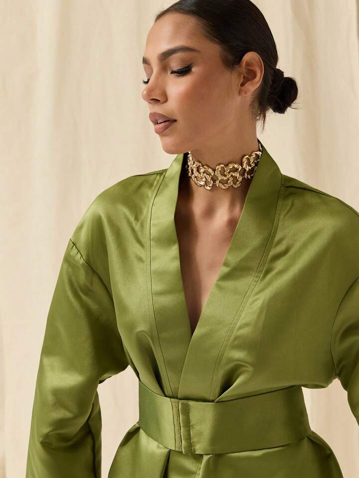 CM-DS756020 Women Elegant Seoul Style Solid Color Deep V-Neck Bell Sleeve Mini Dress - Olive Green