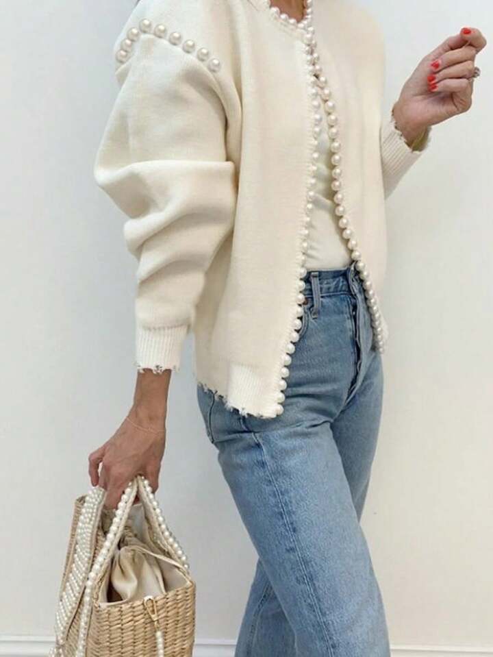 CM-CS690395 Women Casual Seoul Style Pearl Trim Distressed Hem Long Sleeve Knit Sweater - White