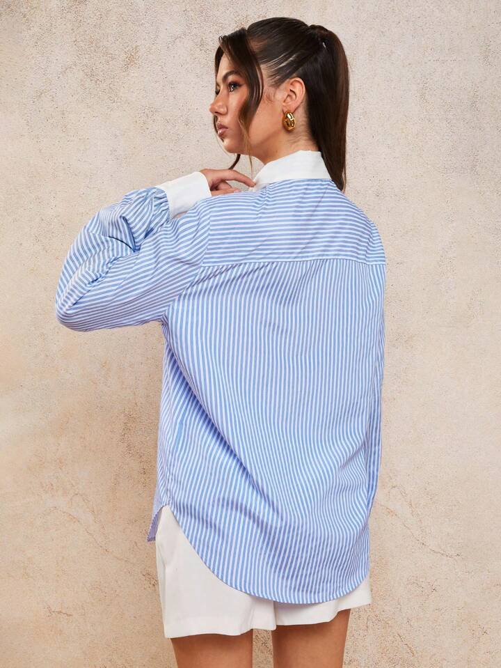 CM-TS300483 Women Elegant Seoul Style Striped Collar Tie Neck Long Sleeve Loose Blouse