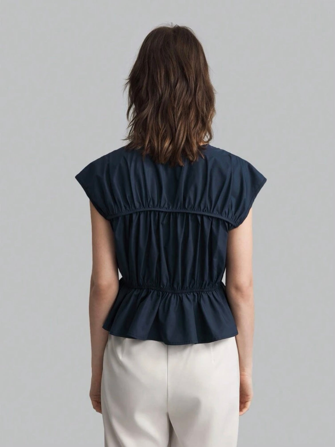 CM-TS801007 Women Casual Seoul Style Solid Color V-Neck Sleeveless Linen Shirt - Navy Blue