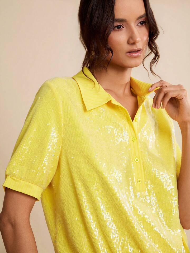 CM-TS980216 Women Elegant Seoul Style Semi-Sheer Sequin Collar Loose Short Sleeve Knit Top - Yellow