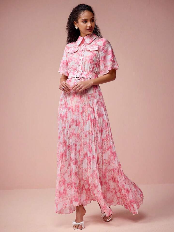 CM-DS632377 Women Elegant Seoul Style Floral Print Lapel Neckline Short Sleeve Belt Pleated Hem Dress