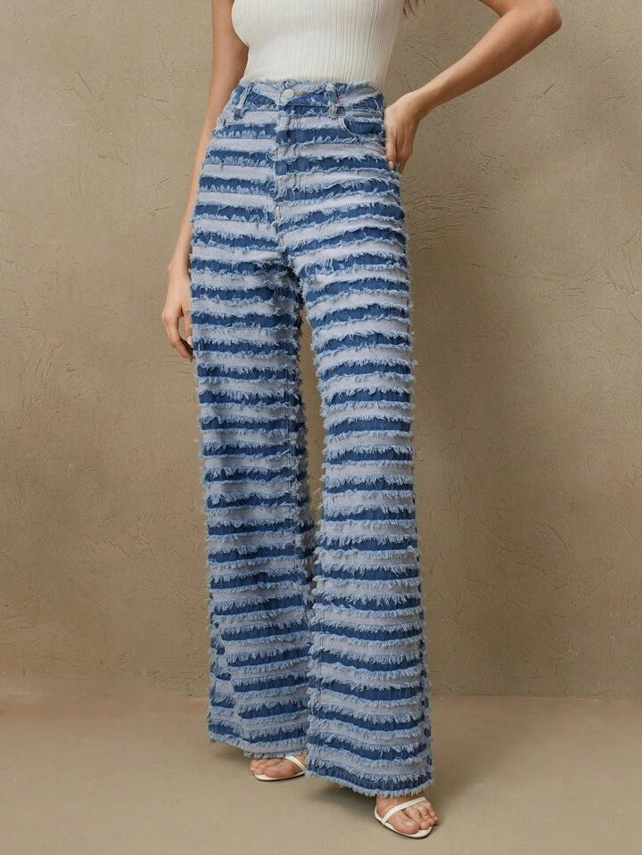 CM-BS619897 Women Casual Seoul Style Striped Textured Frayed Hem Contrast Color Flare Pants - Blue