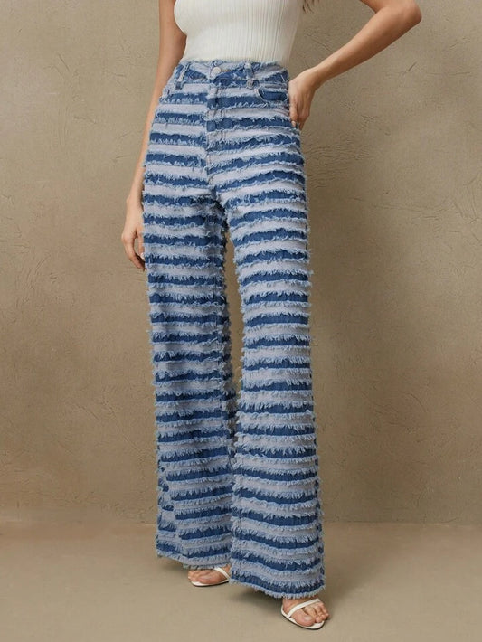 CM-BS619897 Women Casual Seoul Style Striped Textured Frayed Hem Contrast Color Flare Pants - Blue