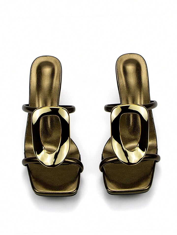 CM-SHS246423 Women Trendy Seoul Style Metallic Buckle Decor Open Toe Mid Heel Mules - Bronze