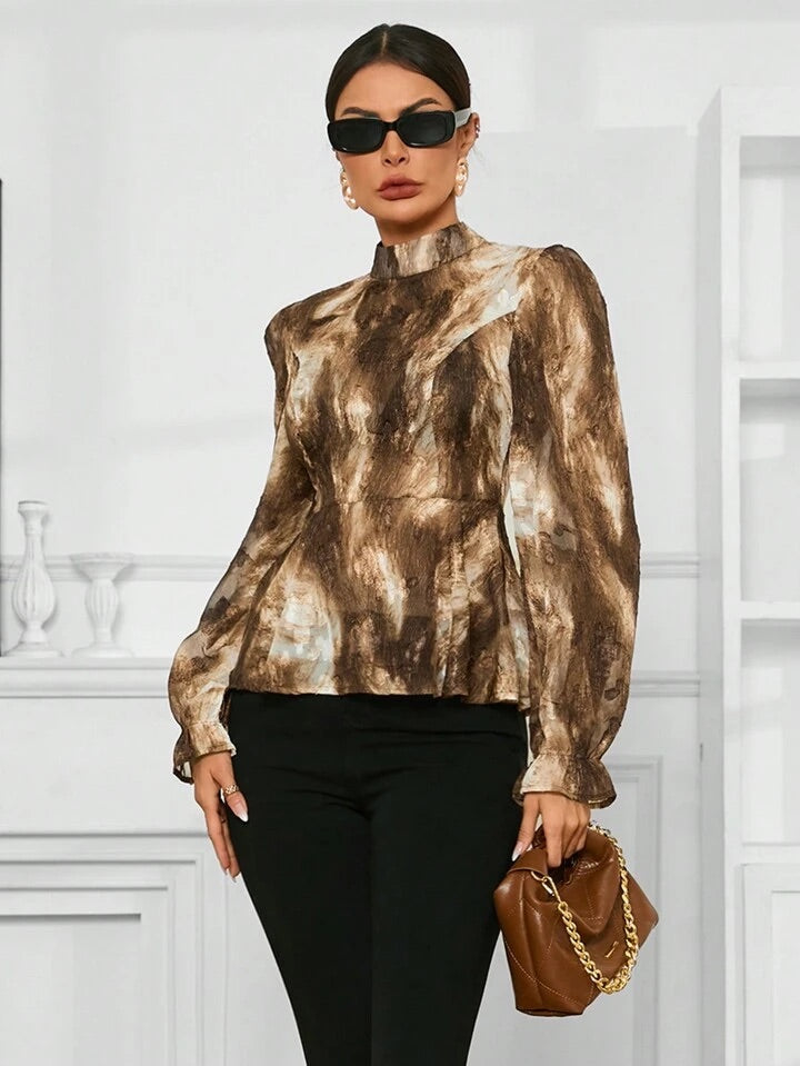 CM-TS980297 Women Elegant Seoul Style Tie Dye Stand Collar Long Sleeve Blouse