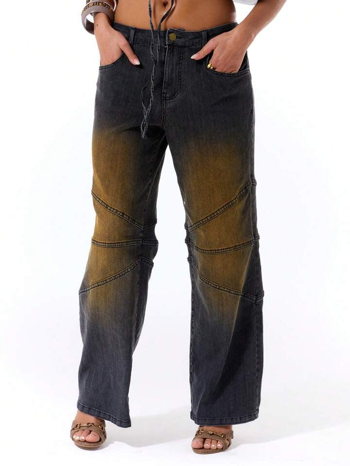 CM-BS409499 Women Casual Seoul Style Drop Waist Extra Long Panel Detail Wide Leg Jeans