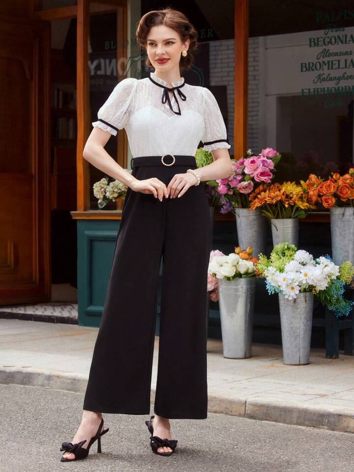 CM-JS118932 Women Elegant Seoul Style Bow Tie Lace Patchwork Stand Collar Ruffle Trim Jumpsuit