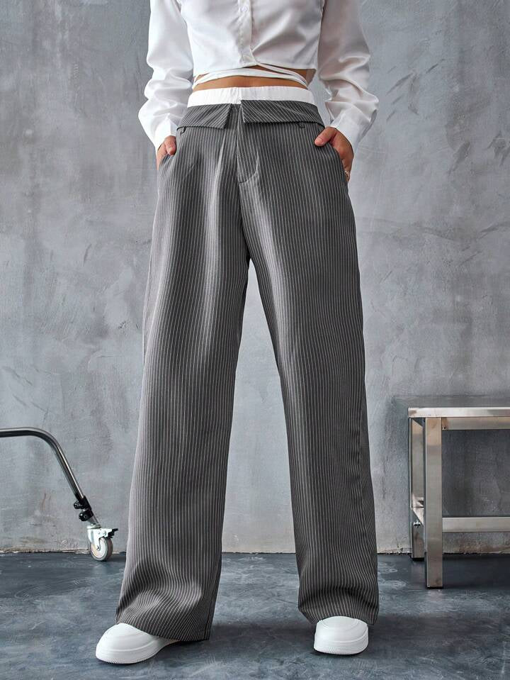 CM-BS483747 Women Casual Seoul Style Colorblock High Waist Wide-Leg Striped Pants