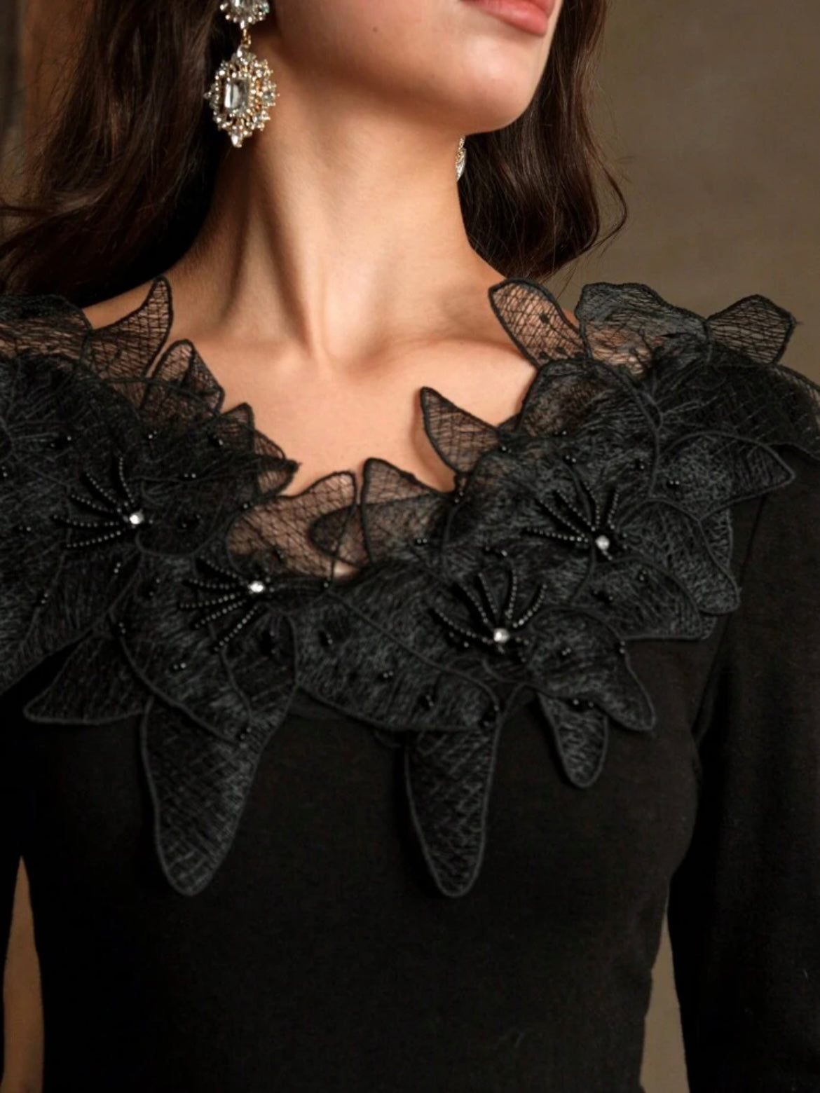 CM-TS031636 Women Elegant Seoul Style Scoop Neck Pearl Stud Lace 3D Flower Decor Tee - Black