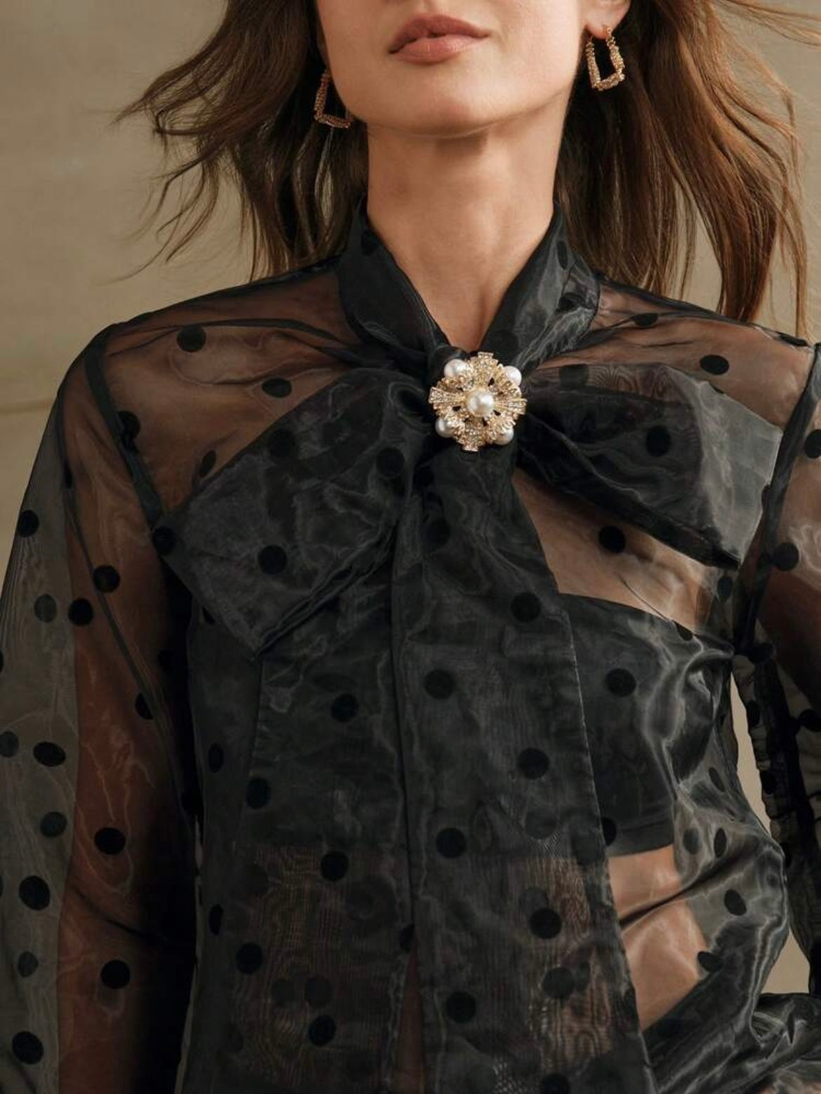 CM-TS463033 Women Elegant Seoul Style Pearl Metallic Accessory Sheer Polka Dot Blouse With Bow Collar