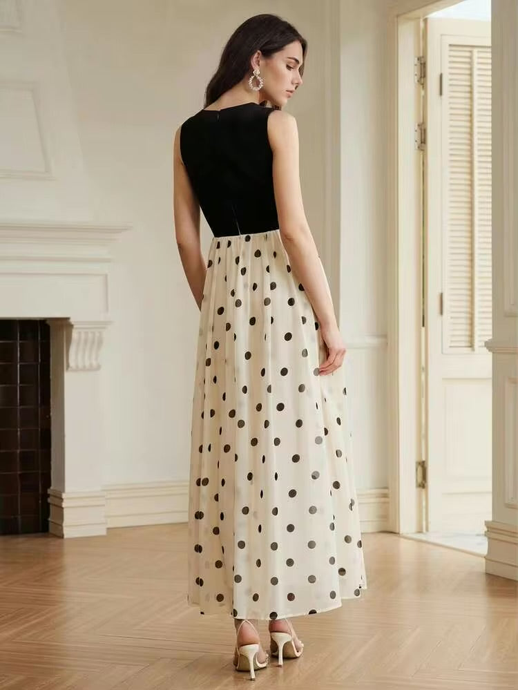 CM-DS474780 Women Elegant Seoul Style Boat Neck Sleeveless Polka Dot Print Patchwork Long Dress
