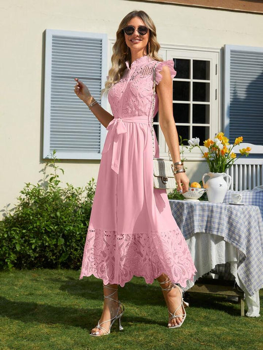 CM-DS652165 Women Elegant Seoul Style Stand Collar Flying Sleeve Dress - Baby Pink