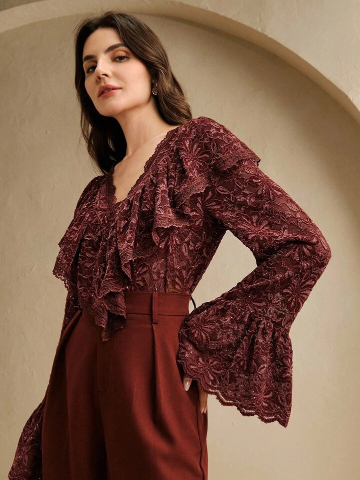 CM-TS377738 Women Elegant Seoul Style V-Neck Velvet Lace Ruffle Trim Long Sleeve Blouse - Burgundy