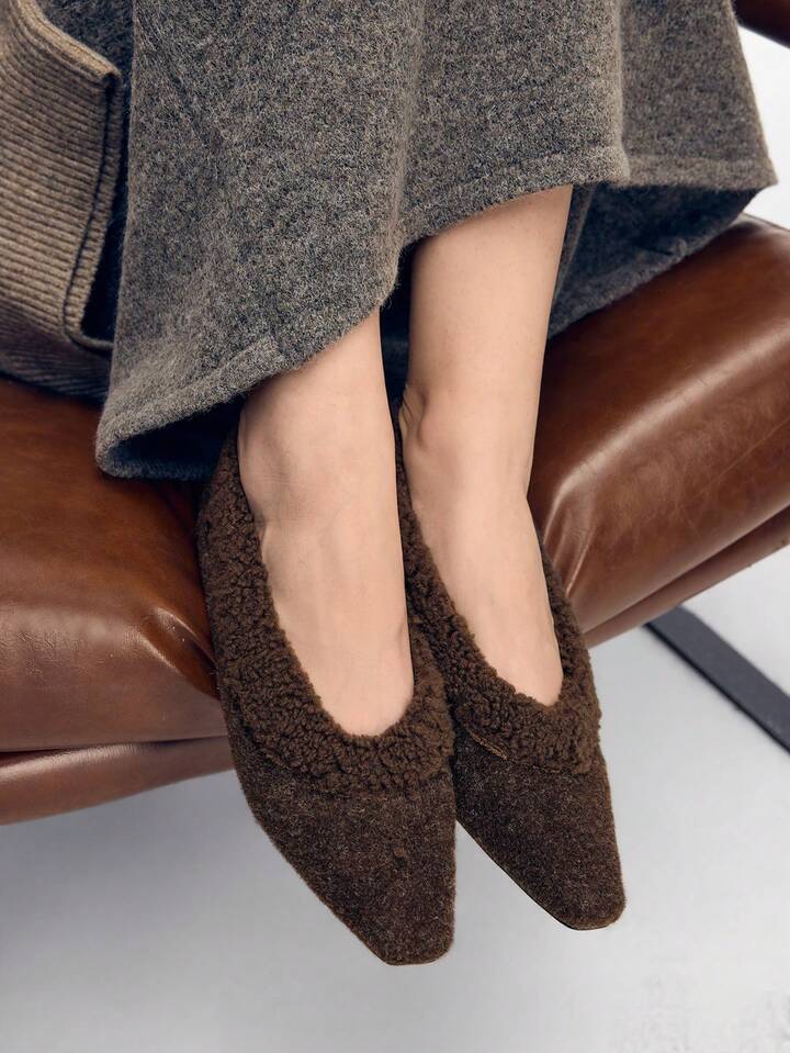 CM-SHS785746 Women Trendy Seoul Style Plush Pointed Toe Flats - Coffee Brown