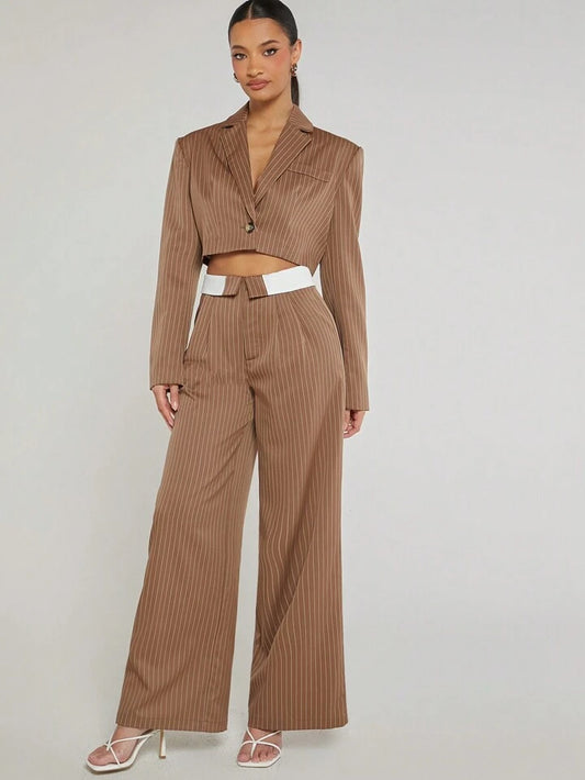 CM-SS360700 Women Elegant Seoul Style Pinstripe Long Sleeve Jacket With Foldover Pants Suit