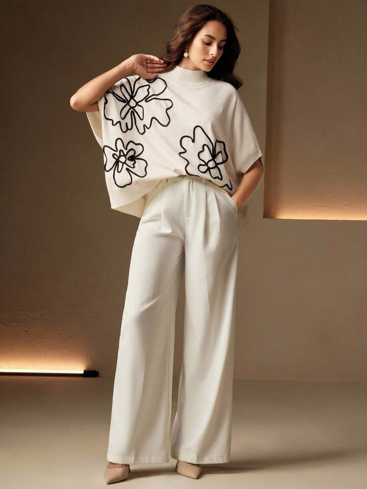 CM-CS518915 Women Elegant Seoul Style Stand Collar Batwing Sleeve Floral Embroidery Knit Top - White