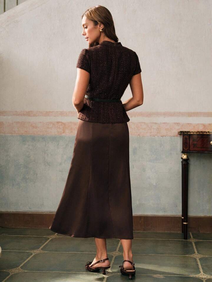 CM-DS844744 Women Elegant Seoul Style Stand Collar Short Sleeve Tweed Satin Patchwork Dress - Coffee