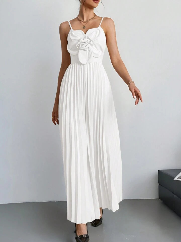 CM-JS250494 Women Elegant Seoul Style V-Neck Spaghetti Strap 3D Floral Wide Leg Jumpsuit - White