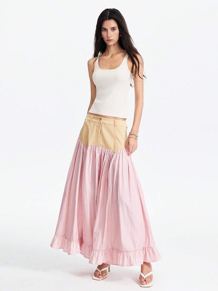 CM-BS028786 Women Casual Seoul Style Striped Asymmetric Patchwork A-Line Ruffle Hem Skirt