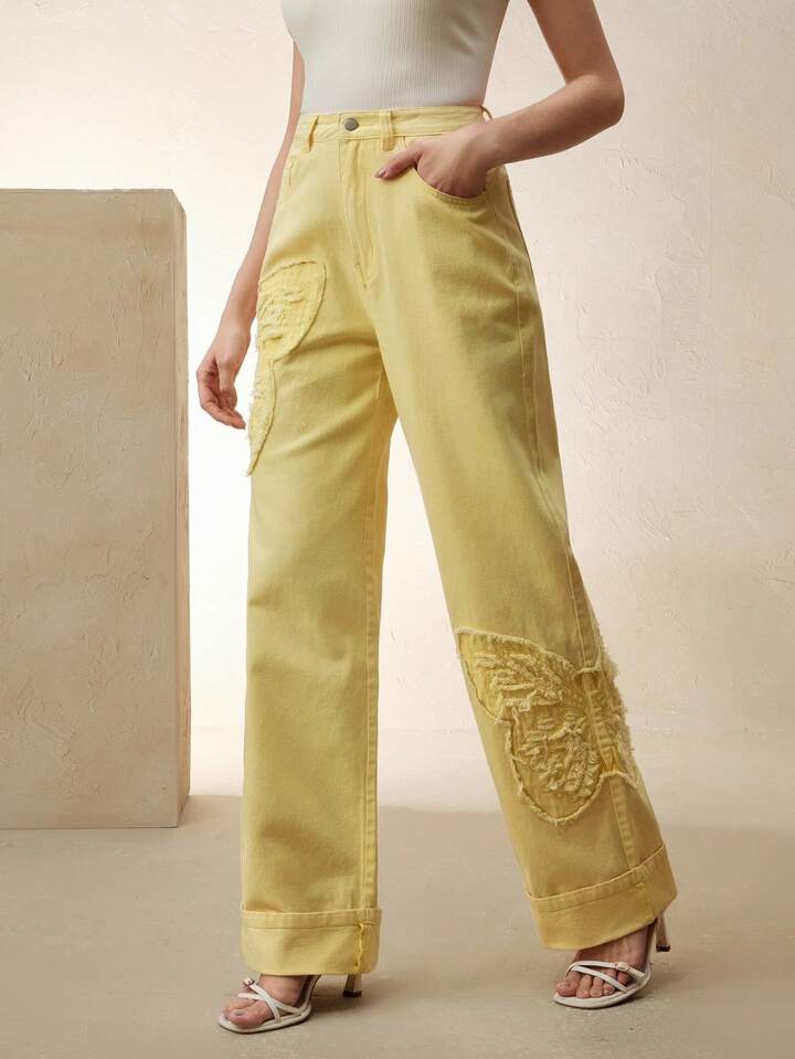 CM-BS227651 Women Casual Seoul Style Mid Waist Embroidered Straight Leg Jeans - Yellow