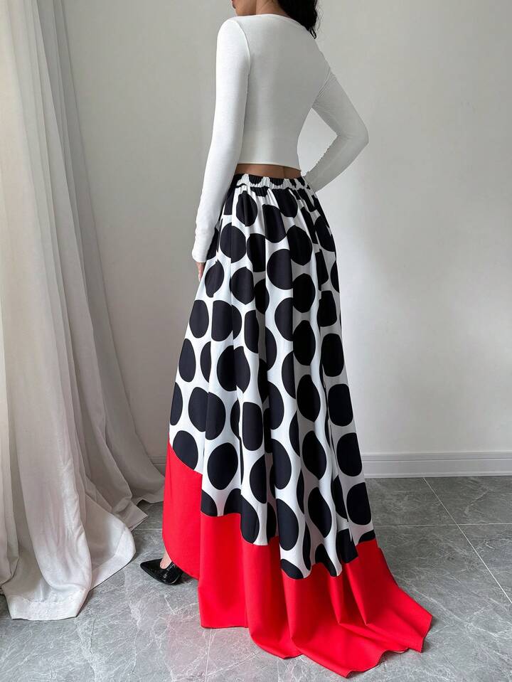 CM-BS444364 Women Casual Seoul Style Large Polka Dot Solid Color Patchwork A-Line Maxi Skirt