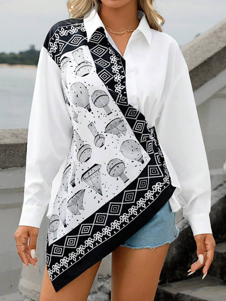 CM-TS848215 Women Trendy Bohemian Style Patchwork Print Long Sleeve Asymmetric Hem Shirt
