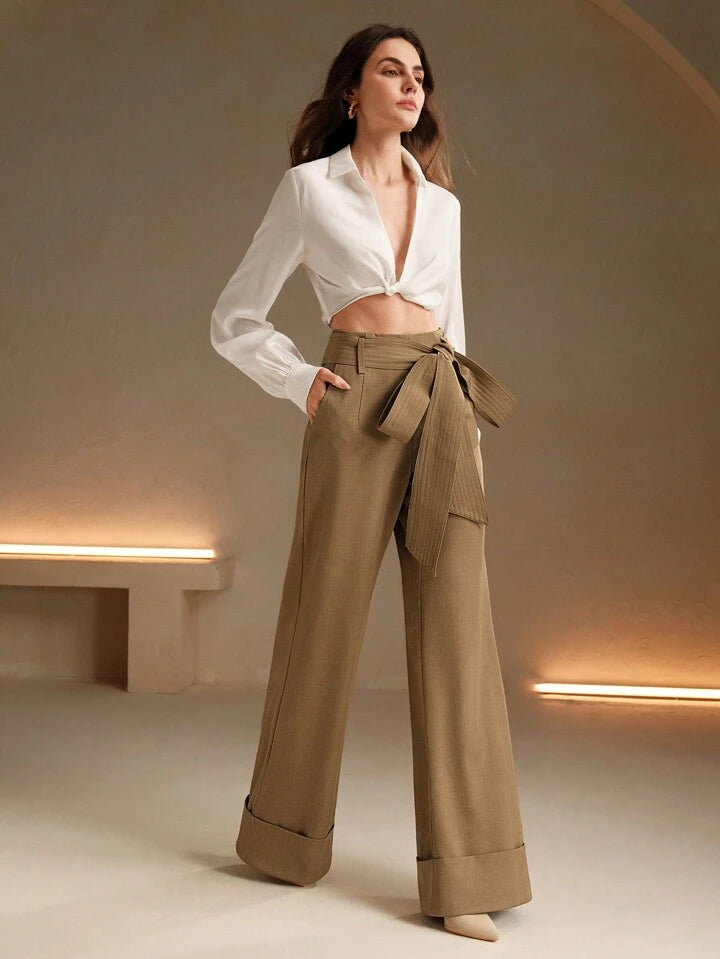 CM-BS011306 Women Elegant Seoul Style High Waist Belted Wide Leg Pants - Khaki