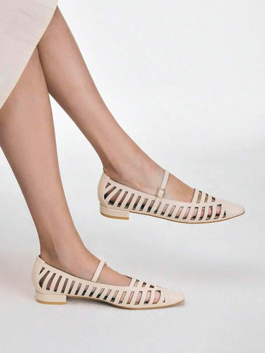 CM-SHS954548 Women Trendy Seoul Style Minimalist Hollow Pointed Toe Flats - Beige