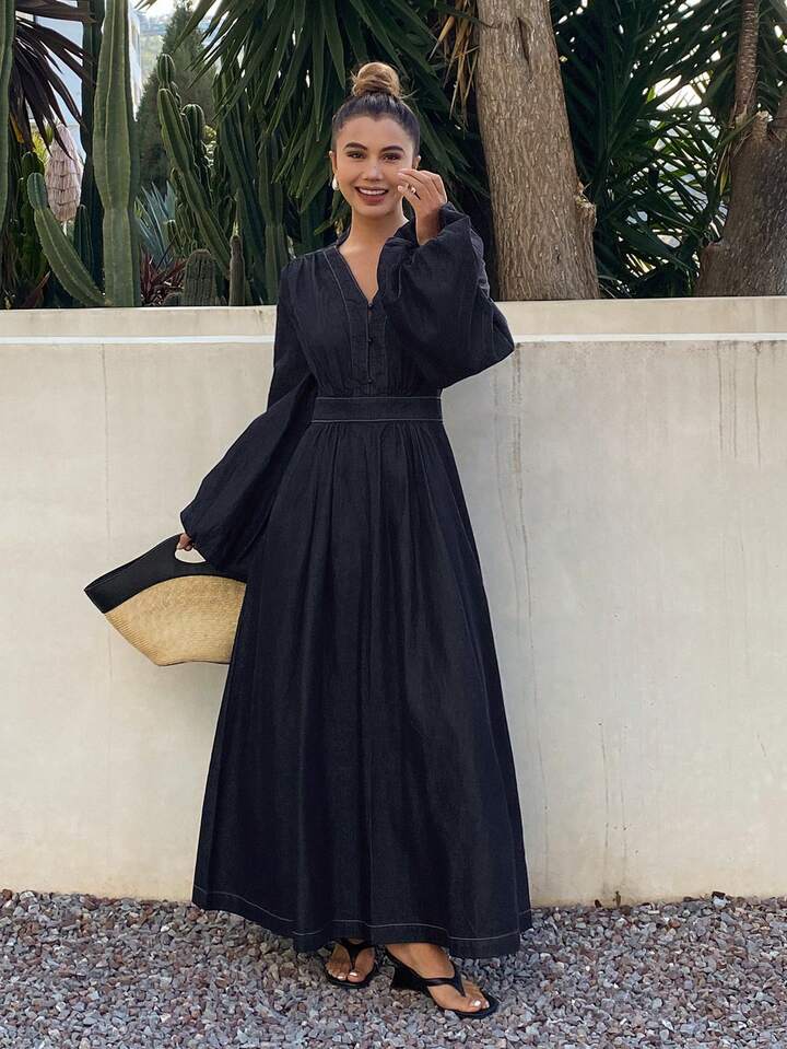 CM-DS647787 Women Casual Seoul Style V-Neck Ruched High Waist Puff Sleeve Denim Dress - Blue