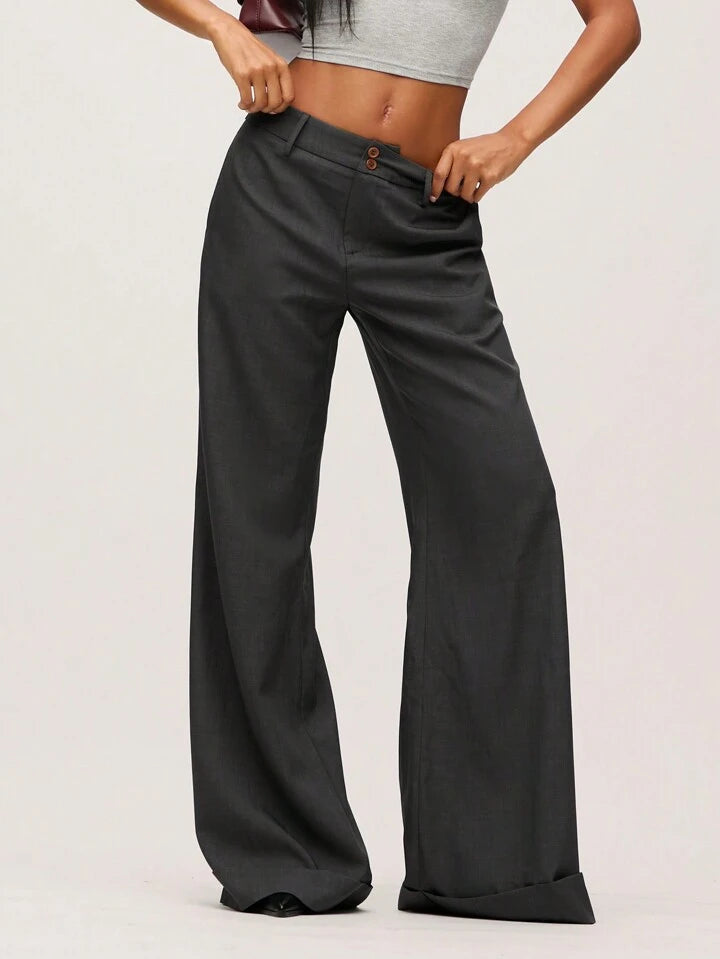 CM-BS936621 Women Casual Seoul Style Solid Color Low-Waist Wide-Leg Long Pants - Dark Gray