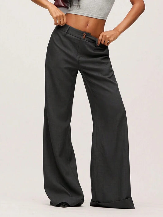 CM-BS936621 Women Casual Seoul Style Solid Color Low-Waist Wide-Leg Long Pants - Dark Gray