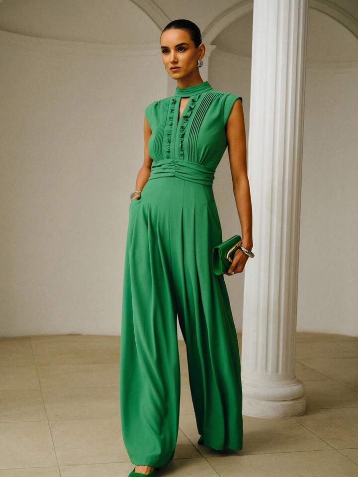 CM-JS307977 Women Elegant Seoul Style Notched Neckline Sleeveless Gathered Wide Leg Jumpsuit - Green