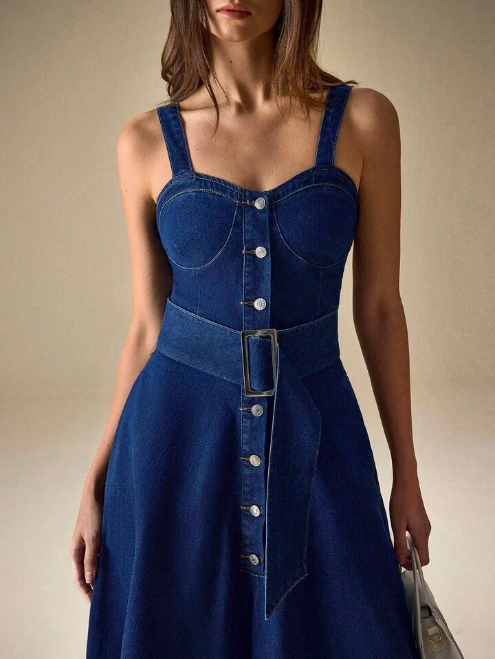 CM-DS980065 Women Elegant Seoul Style Dark Wash Straps Neckline Sleeveless Button Front Buckle Belted Denim Dress